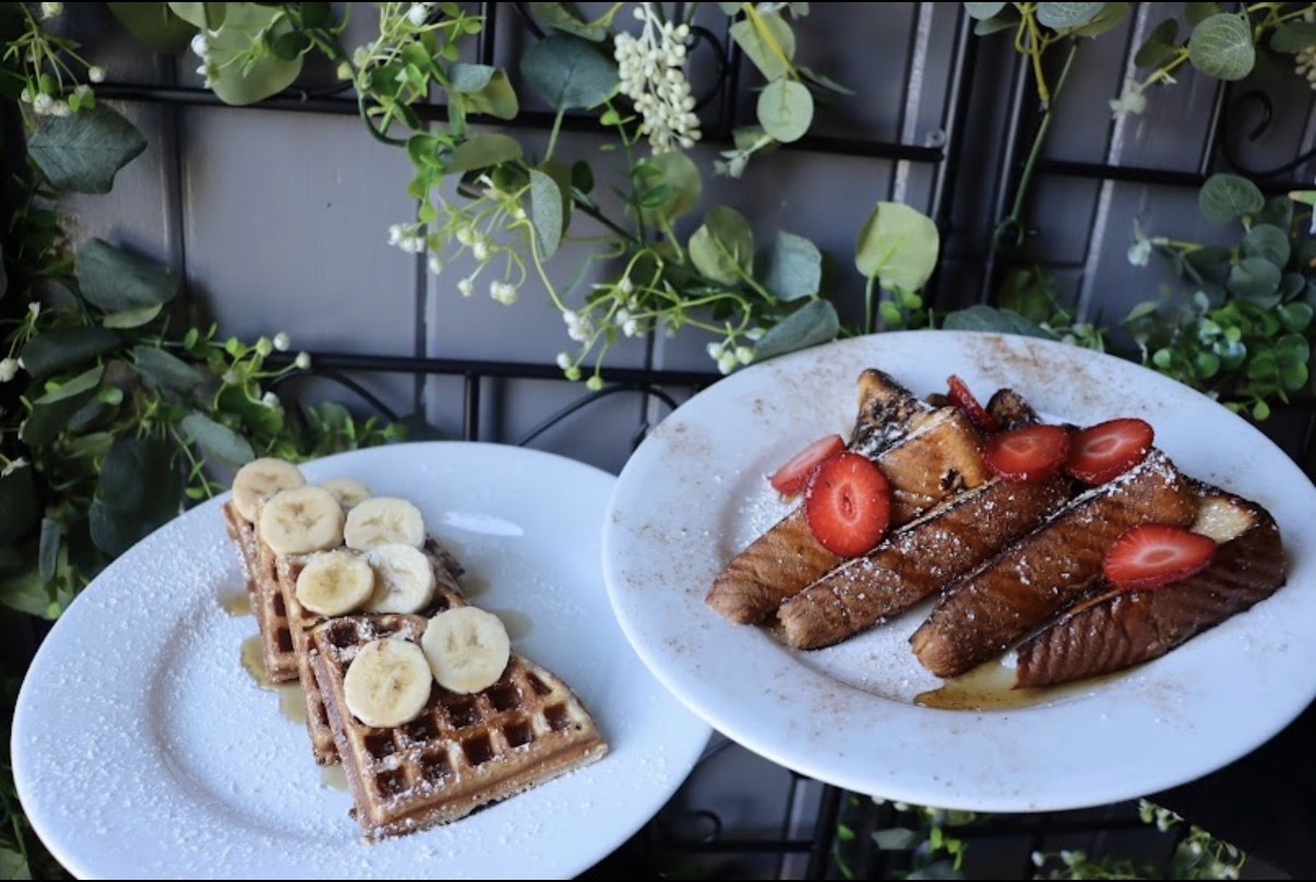Banana waffles and strawberry French toast