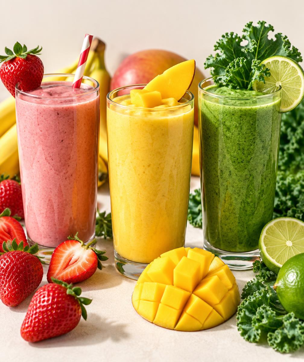 Three fresh fruit smoothies with strawberries, mango and kale